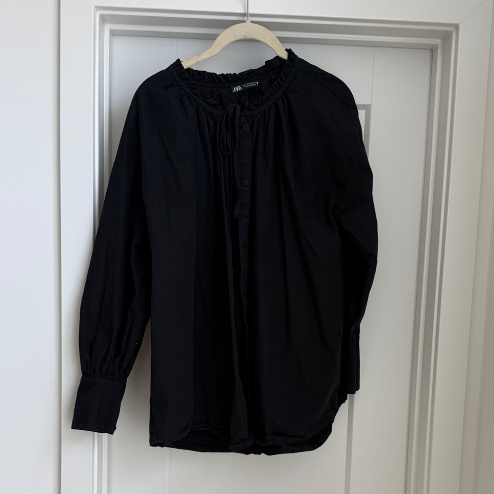 Zara Black Button-Front Peasant Blouse with Tie Neck